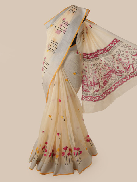 

Pothys Cream-Coloured Cotton Blend Embroidered Chanderi Saree