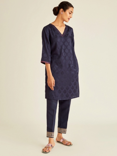 

Ancestry Women Navy Blue Paisley Regular Kurta