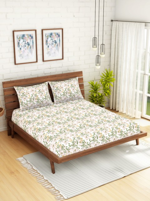 

CORE Designed by SPACES White & Pink Floral 104 TC Cotton 1 Queen Bedsheet with 2 Pillow Covers