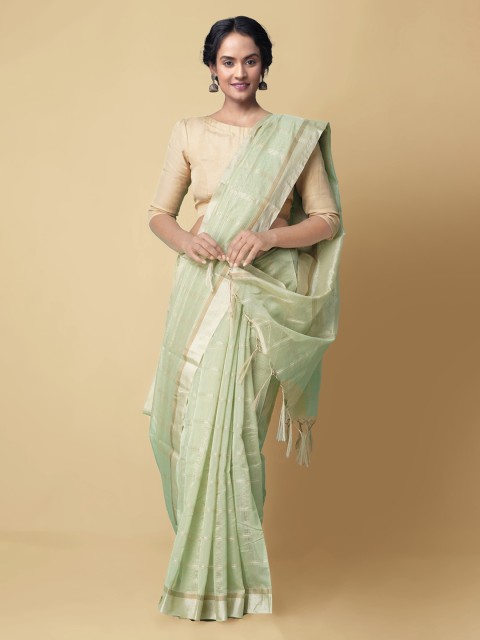 

Unnati Silks Green Silk Cotton Woven Design Banarasi Saree