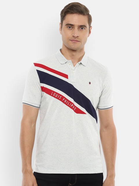 

Louis Philippe Sport Men Grey Melange & Navy Blye Brand Logo Striped Polo Collar T-shirt