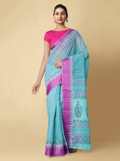 

Unnati Silks Blue Silk Cotton Printed Chanderi Saree