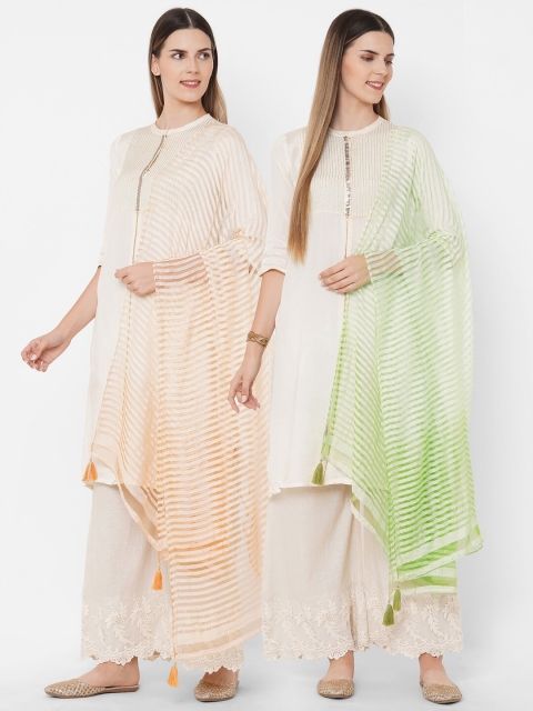 

Get Wrapped Combo Pack of 2 Textured Shaded Multicolor Dupatta with Tassels, Green