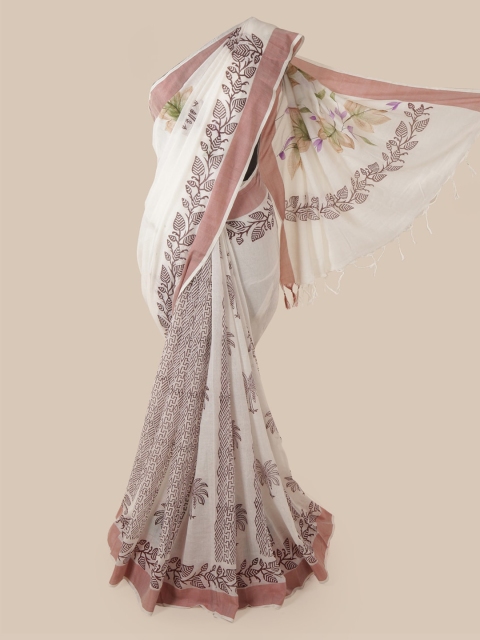 

Pothys White & Mauve Linen Blend Printed Saree