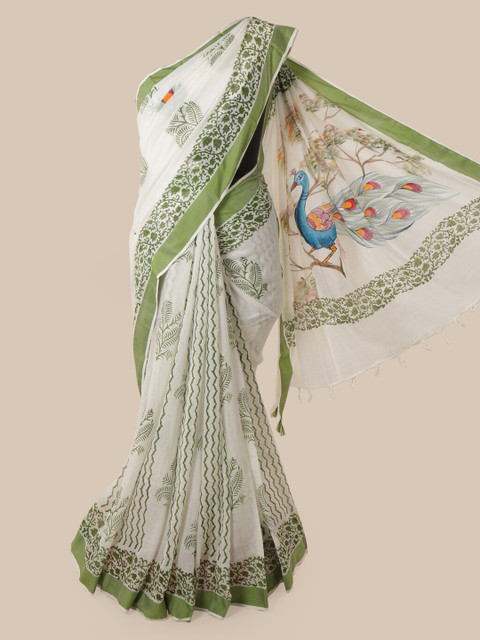 

Pothys White & Green Linen Blend Printed Saree
