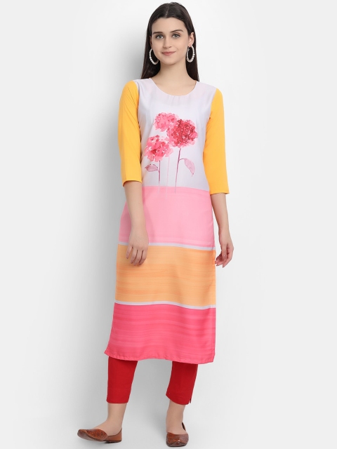 

Ethnic basket Women White & Pink Floral Printed Crepe Kurta