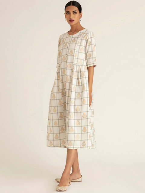 

Ancestry White & Beige Checked A-Line Midi Dress
