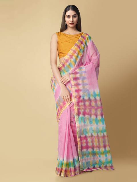

Unnati Silks Pink & Blue Pure Cotton Printed Kota Saree