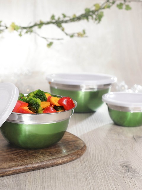 

Jensons Set Of 3 Green & Silver-Toned Stainless Steel Bowl Containers