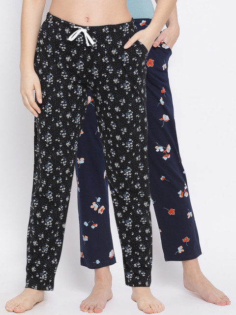 

Kanvin Women Pack Of 2 Floral Printed Cotton Lounge Pants, Navy blue