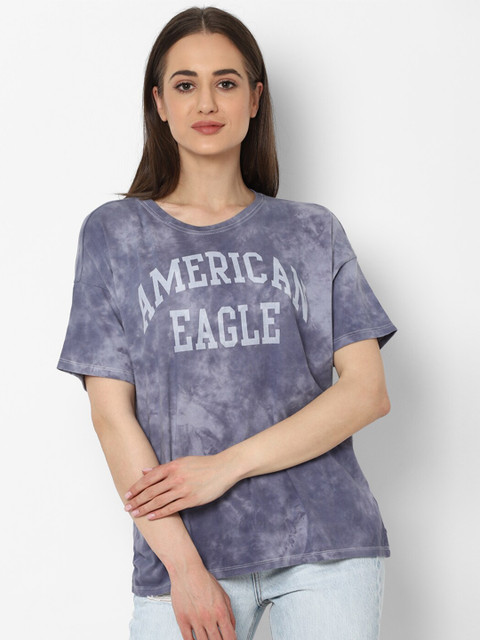 

AMERICAN EAGLE OUTFITTERS Women Blue Printed Round Neck T-shirt