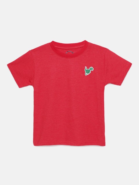 

ZION Boys Red Pure Cotton Striped Round Neck T-shirt