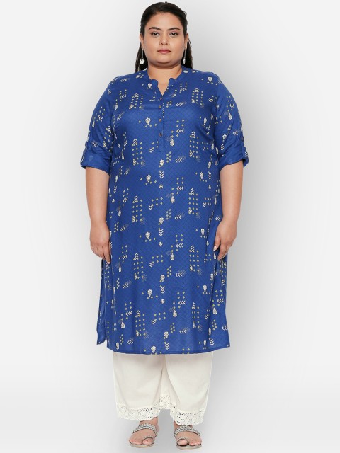 

RANGMANCH PLUS by Pantaloons Women Navy Blue & Yellow Geometric Printed Kurta