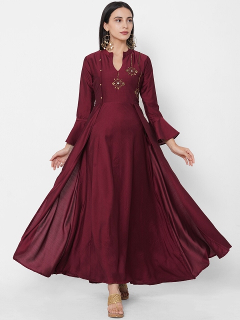 

FASHOR Maroon Ethnic Motifs Embroidered Maxi Dress