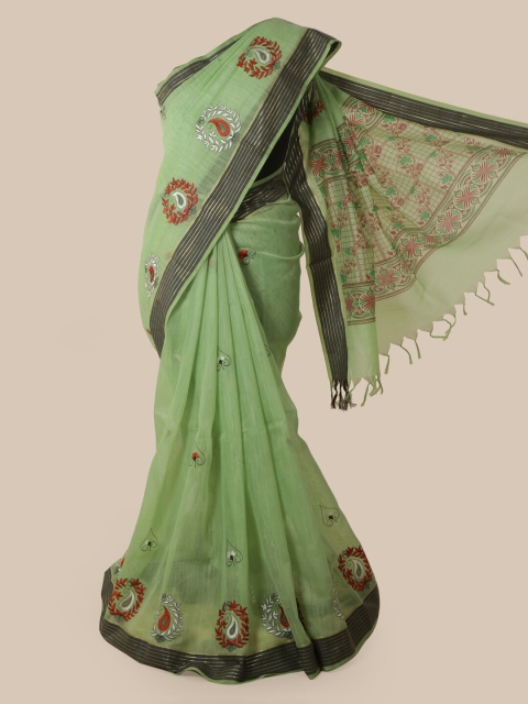 

Pothys Green & Black Cotton Blend Woven Design Chanderi Saree