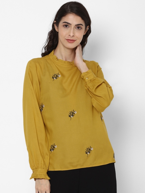 

Allen Solly Woman Khaki Floral Embroidered Cotton Regular Top