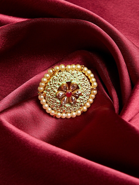 

PANASH Gold-Plated Red & Green Pearl Cocktail Finger Ring