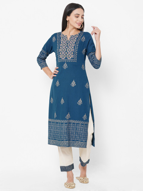 

FASHOR Women Blue Woven Design Pure Cotton Straight Kurta & Trouser