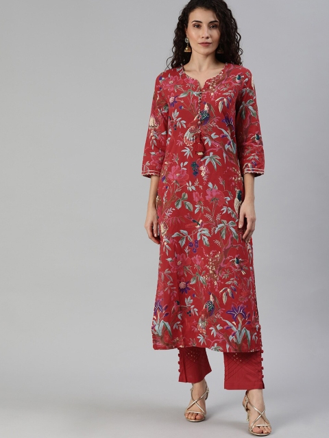 

Ishin DESIGNER STUDIO Women Red Floral Printed Regular A-Line Kurta Set