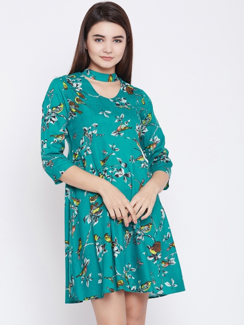 

PANIT Blue & Brown Floral Choker Neck Empire Dress