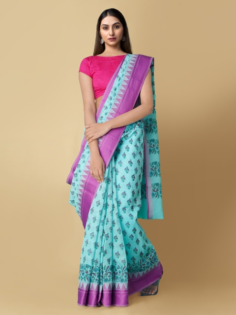 

Unnati Silks Blue & Pink Silk Cotton Printed Chanderi Saree