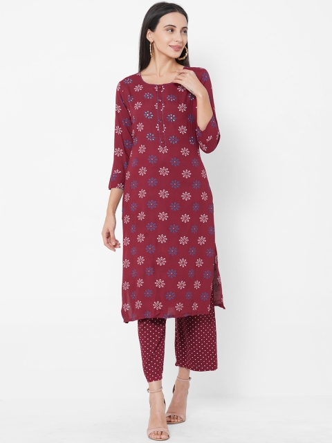 

FASHOR Women Maroon Floral Printed Regular Anarkali Kurta & Palazzos