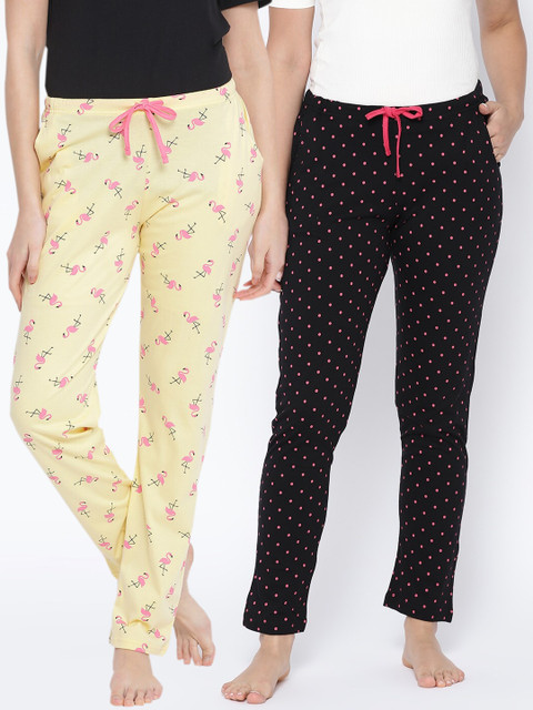 

Kanvin Women Pack of 2 Printed Pure Cotton Lounge Pants, Yellow