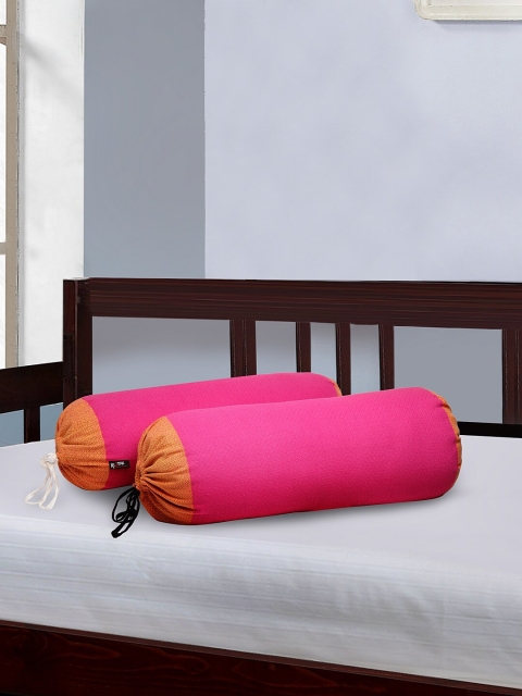 

KLOTTHE Set of 2 Pink & Orange Solid Cotton Bolster Covers