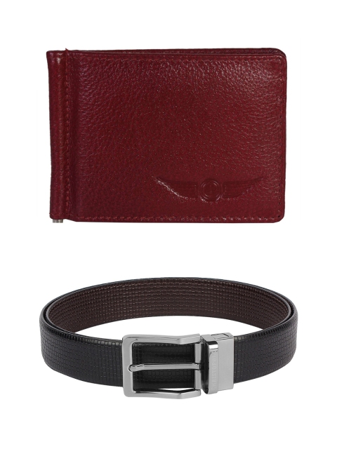 CHRISTOPOLO Men Maroon & Black Leather Money Clip Wallet & Reversible Belt Combo