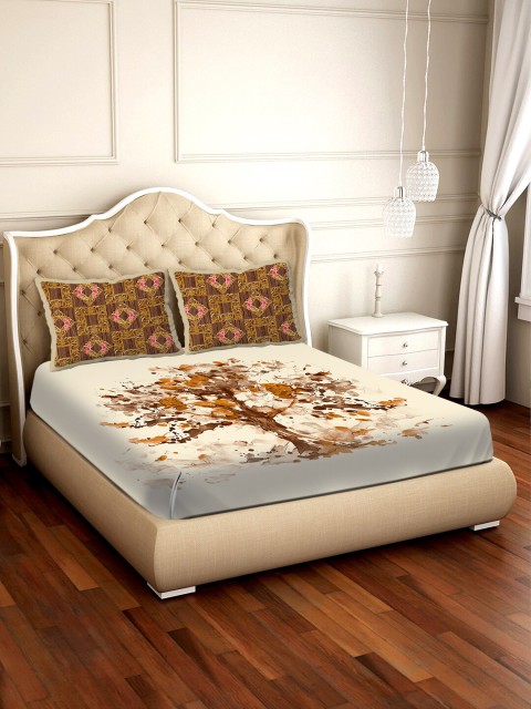 

BELLA CASA Cream-Coloured & Brown Floral 300 TC Cotton 1 King Bedsheet with 2 Pillow Covers