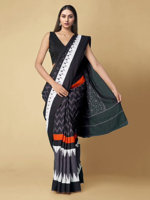 

Unnati Silks Navy Blue & Black Pure Cotton Printed Pochampally Saree