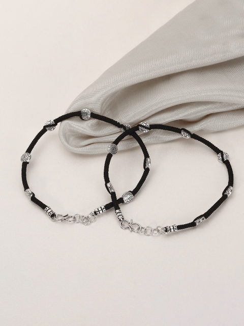 

Adwitiya Collection Set Of 2 Silver-Plated Black Thread Handcrafted Anklets