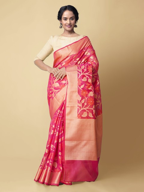 

Unnati Silks Pink & Gold-Toned Silk Cotton Woven Design Banarasi Saree