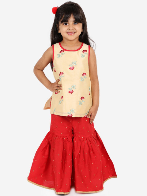 

Lil Peacock Girls Cream-Coloured & Red Floral Embroidered Straight Kurta with Sharara