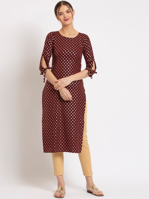 

ALC Creations Women Maroon & Gold-Toned Ethnic Motifs Crepe Kurta