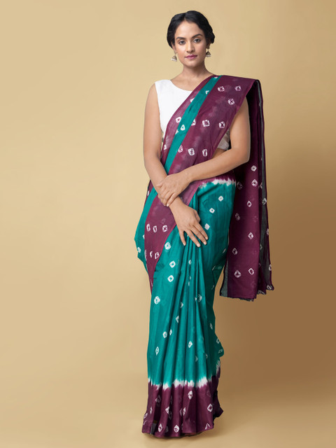 

Unnati Silks Green & Burgundy Pure Cotton Printed Bandhani Handloom Saree