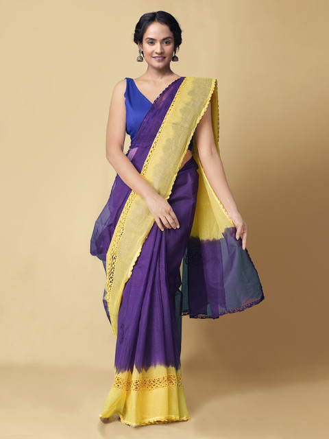 

Unnati Silks Violet & Yellow Pure Cotton Embroidered Kota Saree