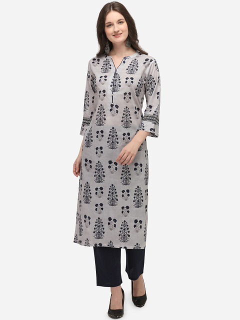 

Seerat Women Grey Printed Regular Straight Keyhole Neck Pure Cotton Kurta & Trousers