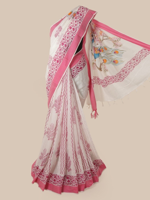 

Pothys White & Pink Linen Blend Printed Saree