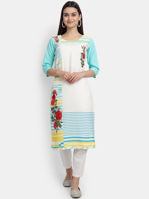 

Ethnic basket Women White Floral Printed Thread Work Crepe Kurta