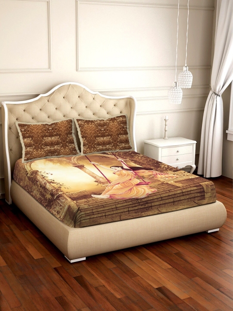 

BELLA CASA Brown Ethnic Motifs 300 TC Cotton 1 Extra Large Bedsheet with 2 Pillow Covers