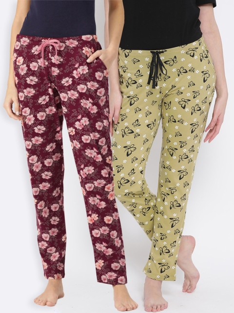 

Kanvin Women Pack of 2 Printed Pure Cotton Lounge Pants, Mustard