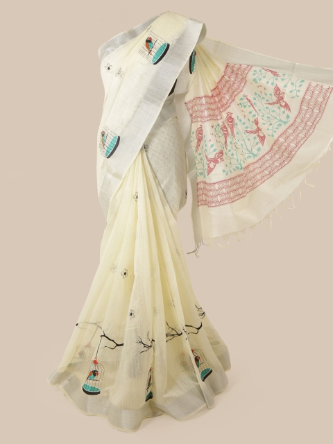 

Pothys Cream-Coloured Cotton Blend Printed Chanderi Saree