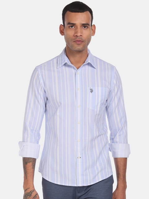 

U.S. Polo Assn. Men Blue & White Regular Fit Striped Pure Cotton Casual Shirt