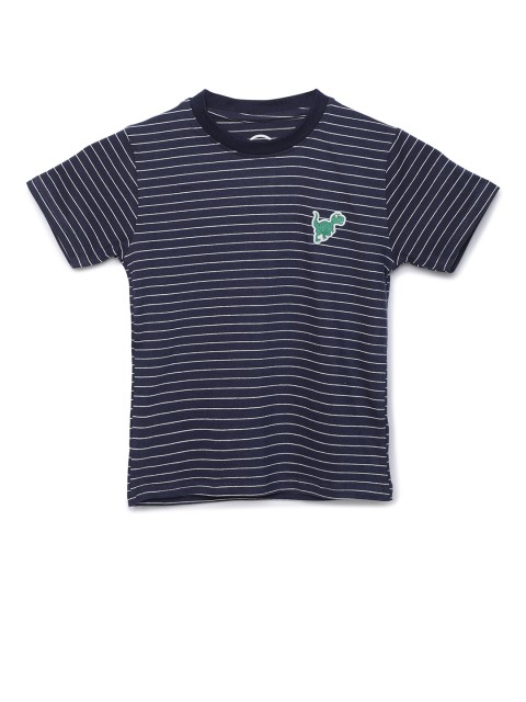

ZION Boys Navy & White Pure Cotton Striped Round Neck T-shirt, Navy blue