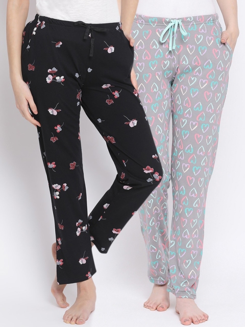

Kanvin Women Pack of 2 Printed Pure Cotton Lounge Pants, Black
