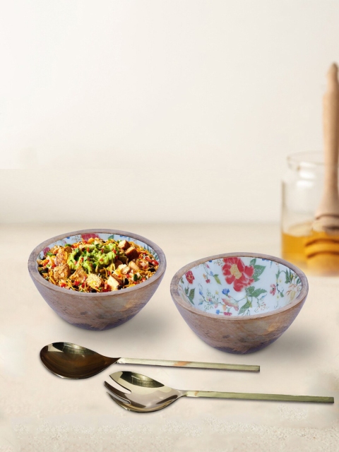 

nestroots White & Brown Printed Wooden Bowls With 2 Servers