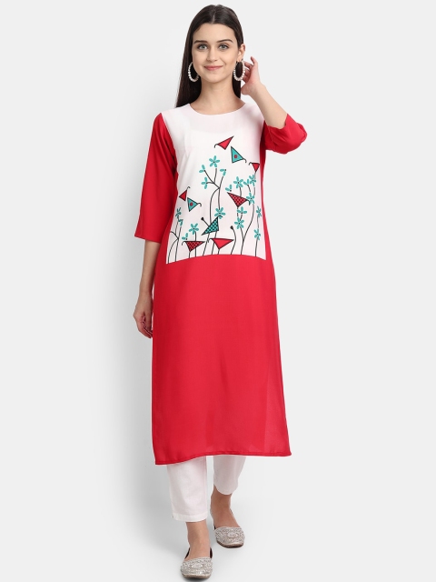 

Ethnic basket Women Red & White Floral Printed Crepe Kurta