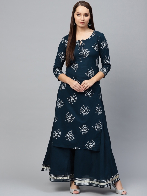 

Ishin DESIGNER STUDIO Women Navy Blue Floral Printed Pure Cotton Kurta with Skirt