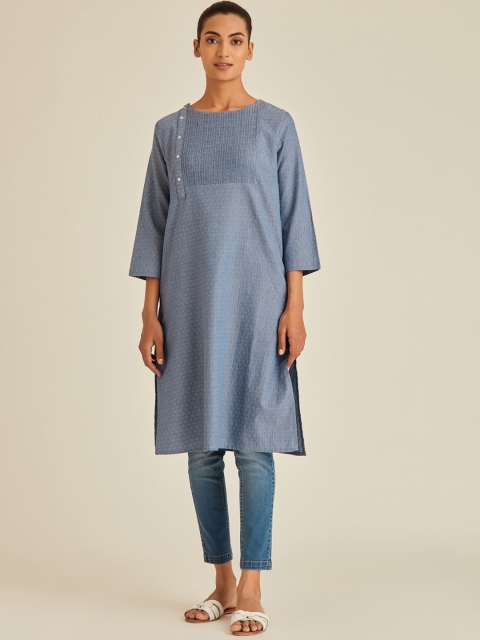 

Ancestry Women Blue Keyhole Neck Flared Sleeves Thread Work Kurta